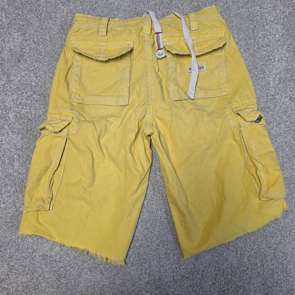 True‎ Religion Cargo Jean Shorts Y2K Yellow Jorts Streetwear Hip Hop Embroidered